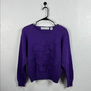 Vintage Bramble Lane Purple Floral Embroidered Women's Sweater Sz L Cotton Blend